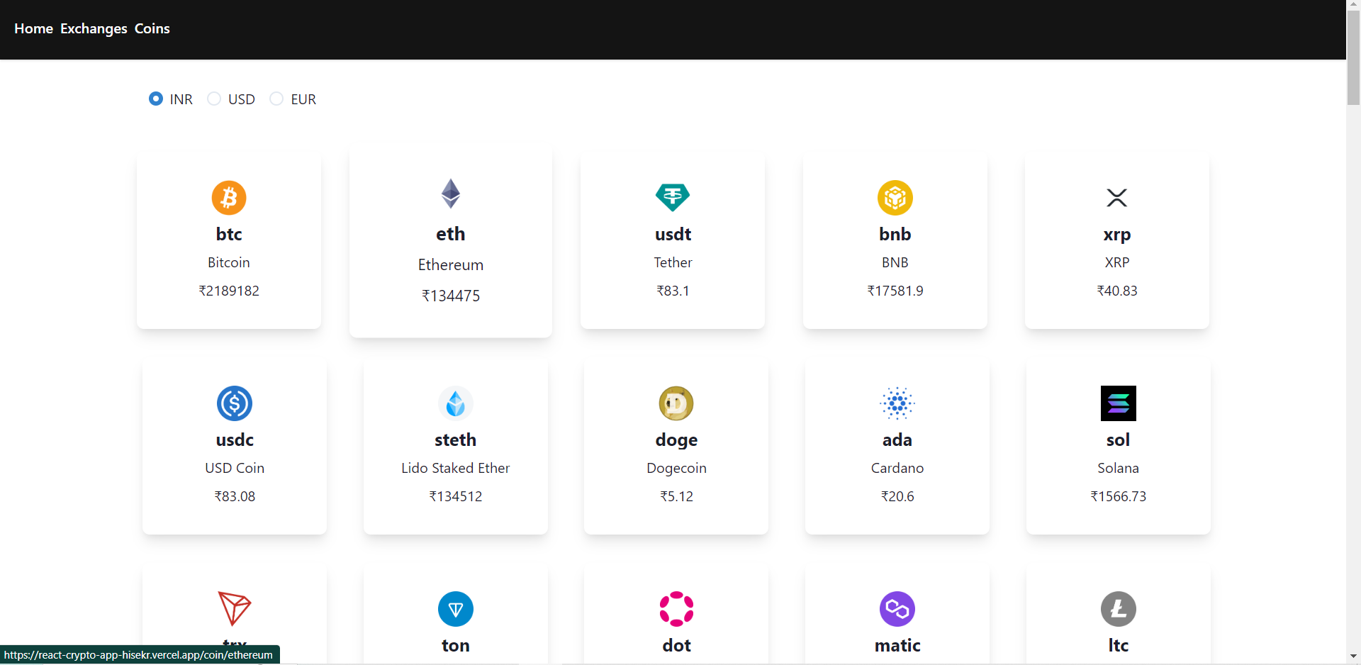 Screenshot of React Crypto App project
