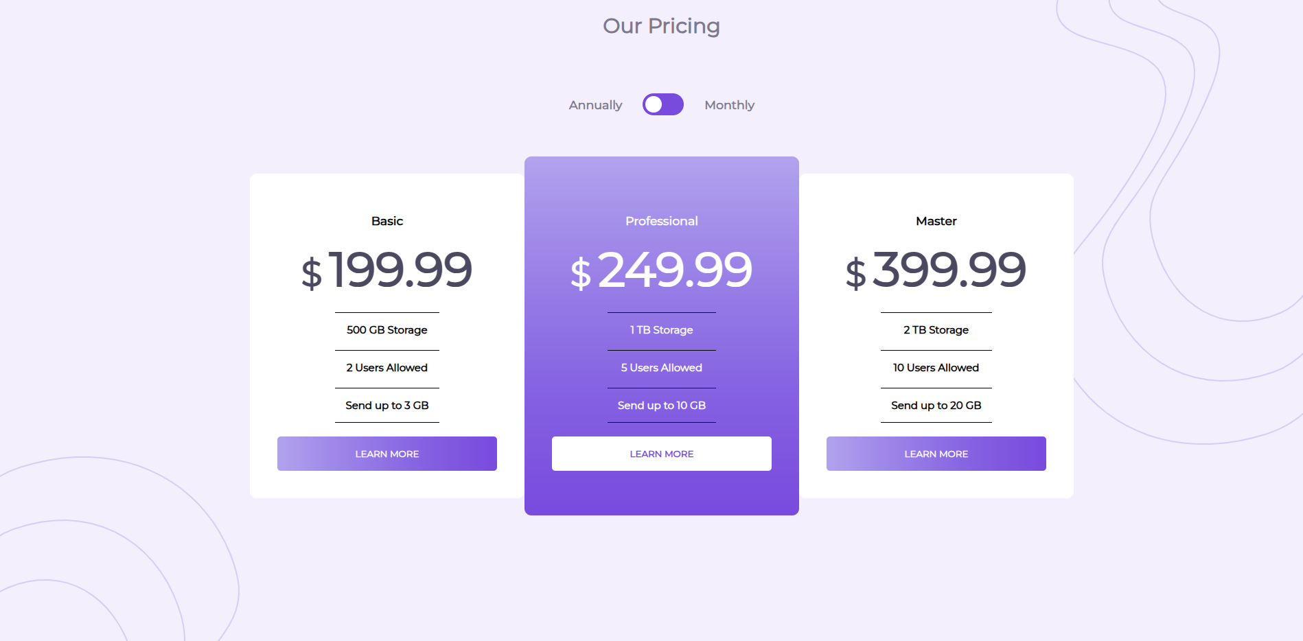 Screenshot of Pricing page project